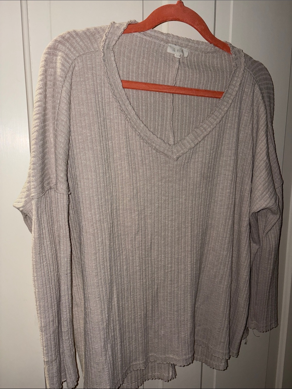 LA MIEL Ribbed V-Neck Sweater - Light Beige oversized great for layering